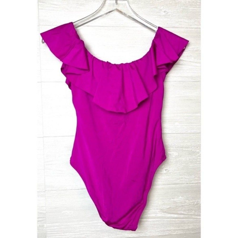 SOLD Trina Turk Pink Monaco Solids Off The Shoulder Ruffle One Piece Swimsuit - Picture 11 of 15